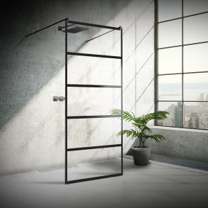 Das Bild zeigt eine freistehende Duschtrennwand in reduziertem Industrielook, der man ihre Funktion kaum noch ansieht.